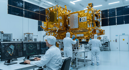 Large Gold Satellite Being Assembled in a Bright Cleanroom by Technicians in White Suits Monitoring Computer Displays