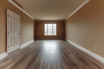 Fototapeta premium Empty, beige-toned room with hardwood flooring.