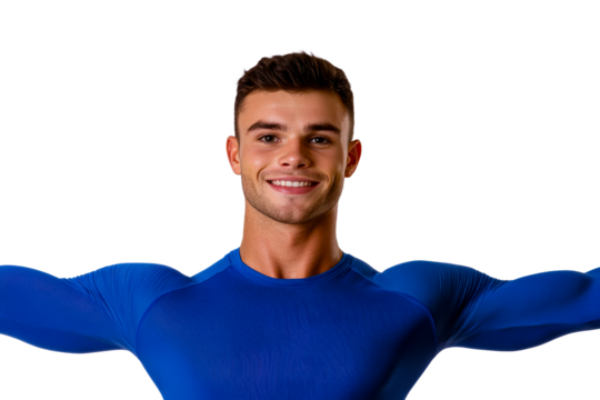 Smiling sportsman in blue, full color, arms open, cut out transparent