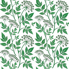 Seamless pattern with green botanical leaves and wildflower umbels, creating natural, fresh, and elegant design perfect for fabric, wallpaper, or background decoration
