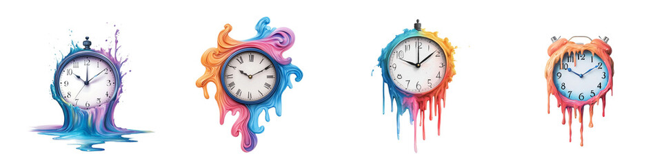 Colorful melting clock, surreal liquid paint drips, creative time concept, vibrant artistic design, isolated on transparency background, imaginative and playful mood