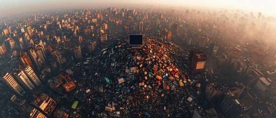Laptop on garbage pile in polluted city, highlighting electronic waste issue