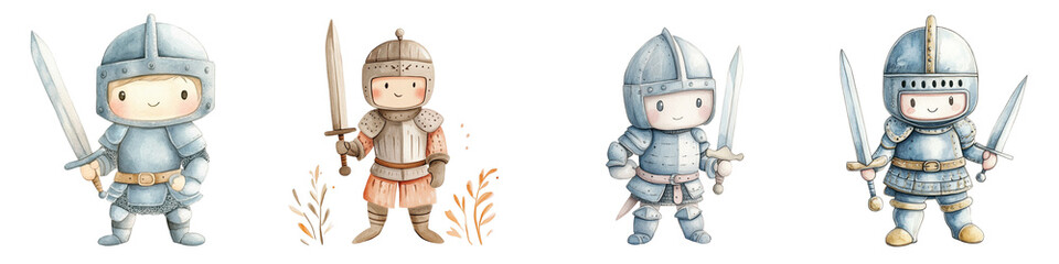 Fototapeta premium Cute medieval knight characters in armor with swords, standing and smiling, hand drawn watercolor style, fantasy illustration for children storybooks or games