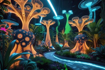 Fractal Plant Garden with Bioluminescent Glow and Quantum Aesthetic