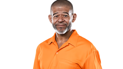 African man with stubble in orange shirt portrait, cut out transparent