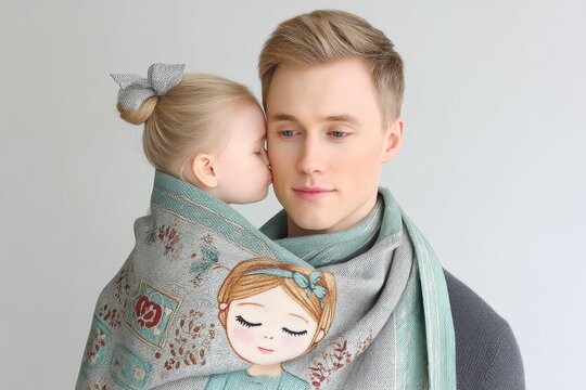 A hyper realistic moment of a tearful new dad holding his baby wrapped in a custom First Father Day blanket