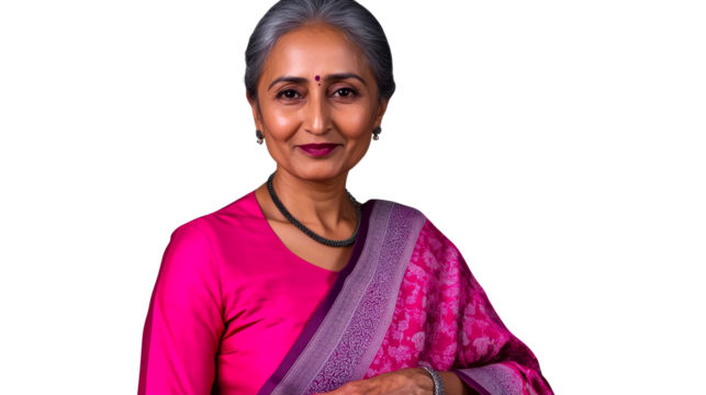 Mature Indian woman smiles, wearing vibrant saree, cut out transparent