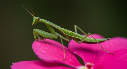 A Green Praying Mantis on a Vibrant Pink Flower