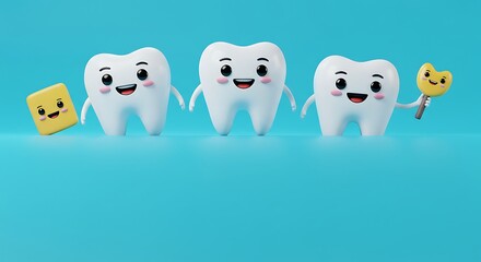 3d cute cartoon illustration, white cute funny smiling tooth characters with faces isolated on blue turquoise background, positioned at the top with clear copy space at the bottom