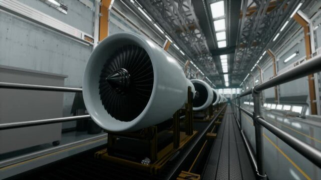 Aeroplane Engines On Production Line In Advanced Manufacturing Facility