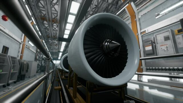 Aeroplane Engines On Production Line In Advanced Manufacturing Facility
