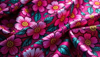 Intricate fuchsia floral pattern on silk fabric, textile, illustration