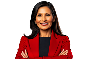 Hispanic businesswoman with folded arms smiles, cut out transparent