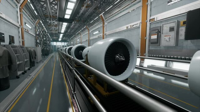 Aeroplane Engines On Production Line In Advanced Manufacturing Facility