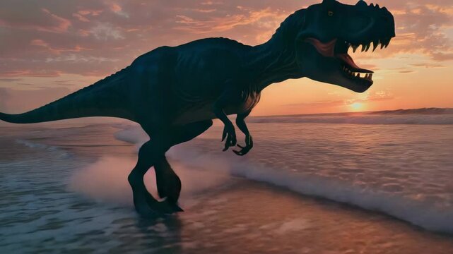 Fierce prehistoric carnivore dinosaur runs on beach at sunset with ocean waves and dramatic sky, reptile creating thrilling scene