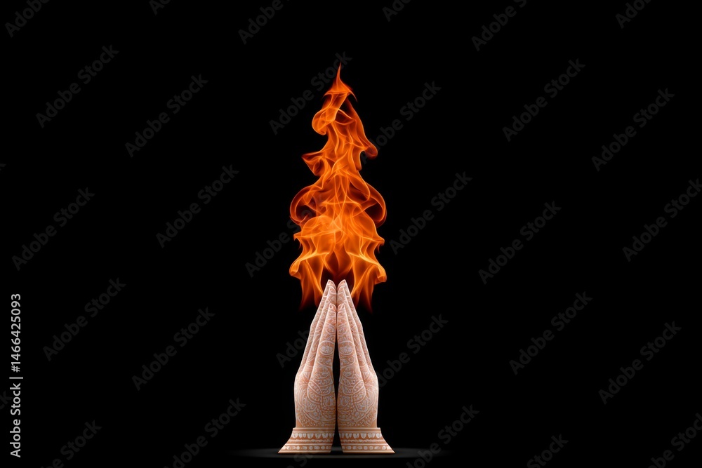 Poster a tongue of fire forming above clasped praying hands in low light