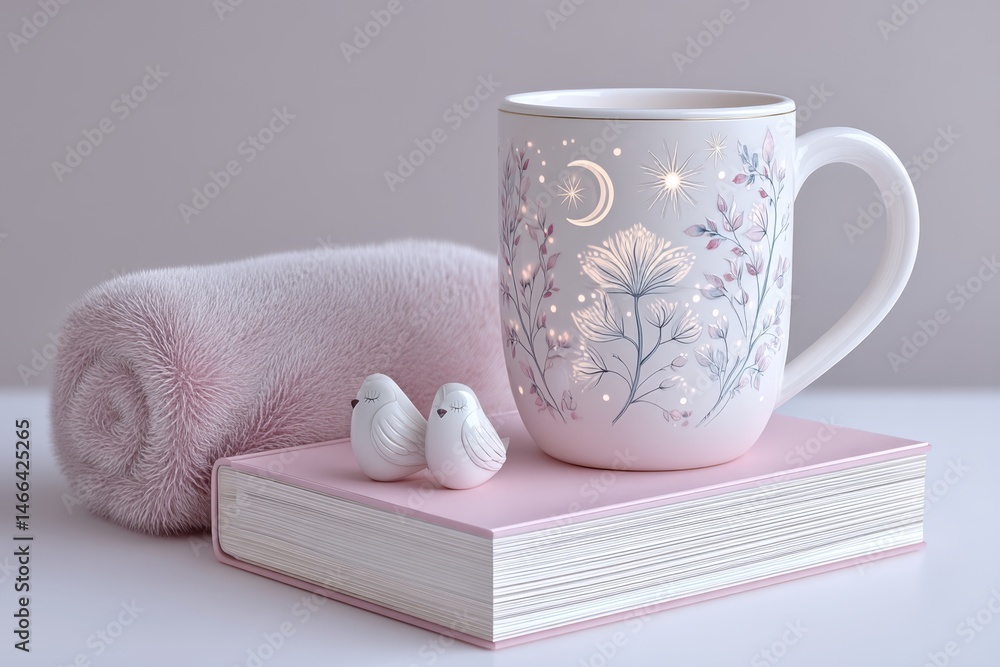 Aufkleber a warm setting with blanket book and helping hands mug glowing in soft evening light