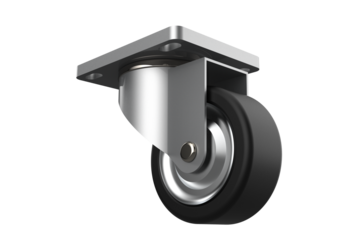 Industrial Swivel Caster Wheel with Top Plate Mounting with Black Rubber Wheel and Steel Bracket Heavy-Duty for Furniture, Equipment, or Trolleys with 360-Degree Rotation on Transparent Background PNG