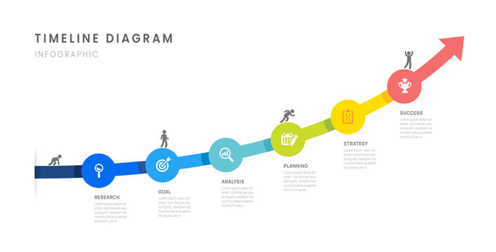 Business roadmap timeline infographic with 6 milestones elements, diagram, arrow, and icon, vector.