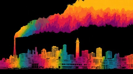 Obraz premium Vibrant Cityscape Silhouette with Rainbow Smoke Pollution from Factory Chimney