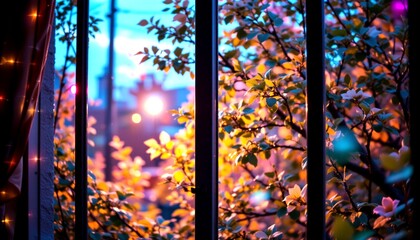 an enchanting outdoor scene through a window with curtains. the window frames a serene nighttime view of a garden filled with lush greenery illuminated by the warm glow of lights