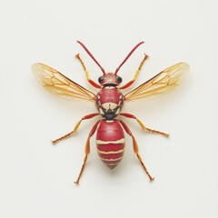 Detailed Macro Photograph of Red and Yellow Striped Wasp on White Background