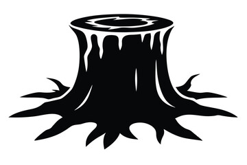 Silhouette of a tree stump with exposed roots and textured top details is shown
