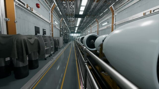 Aeroplane Engines On Production Line In Advanced Manufacturing Facility