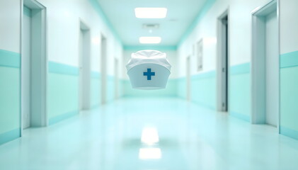 Symbolic Nurse Hat Floating in Empty Hospital Hallway

