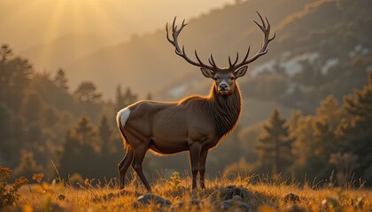 Obraz premium Majestic Elk at Golden Hour in Mountain Landscape