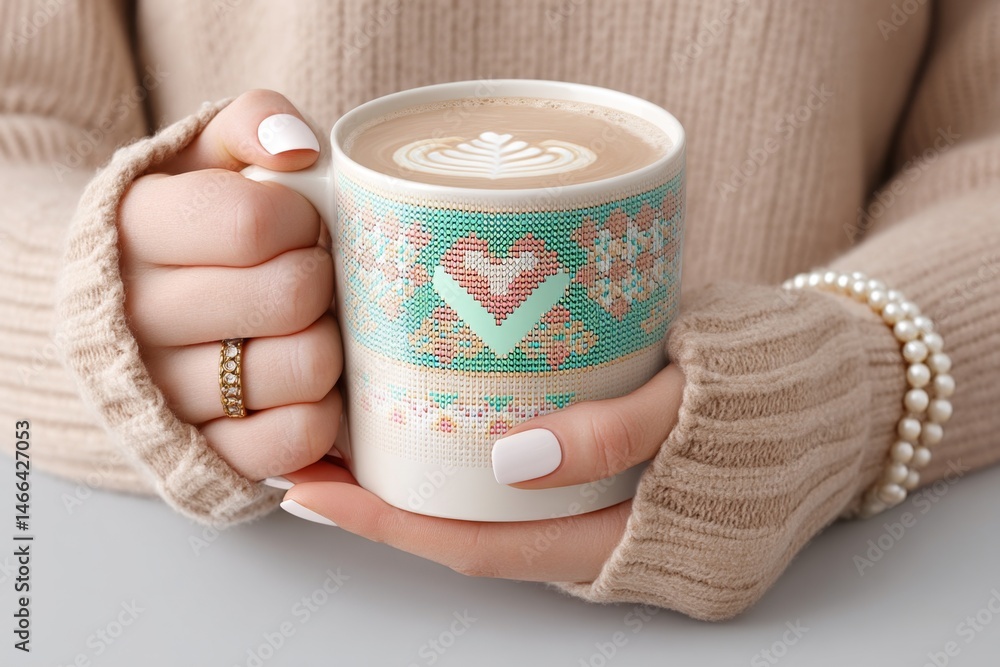 Poster pixel art coffee mug with tiny pixel hands reaching toward pixel heart printed on side in retro colo