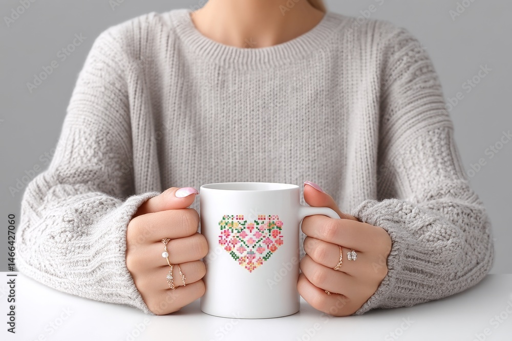 Poster pixel art coffee mug with tiny pixel hands reaching toward pixel heart printed on side in retro colo