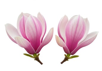 Fototapeta premium Two pink magnolia blossoms isolated on white background, close-up view