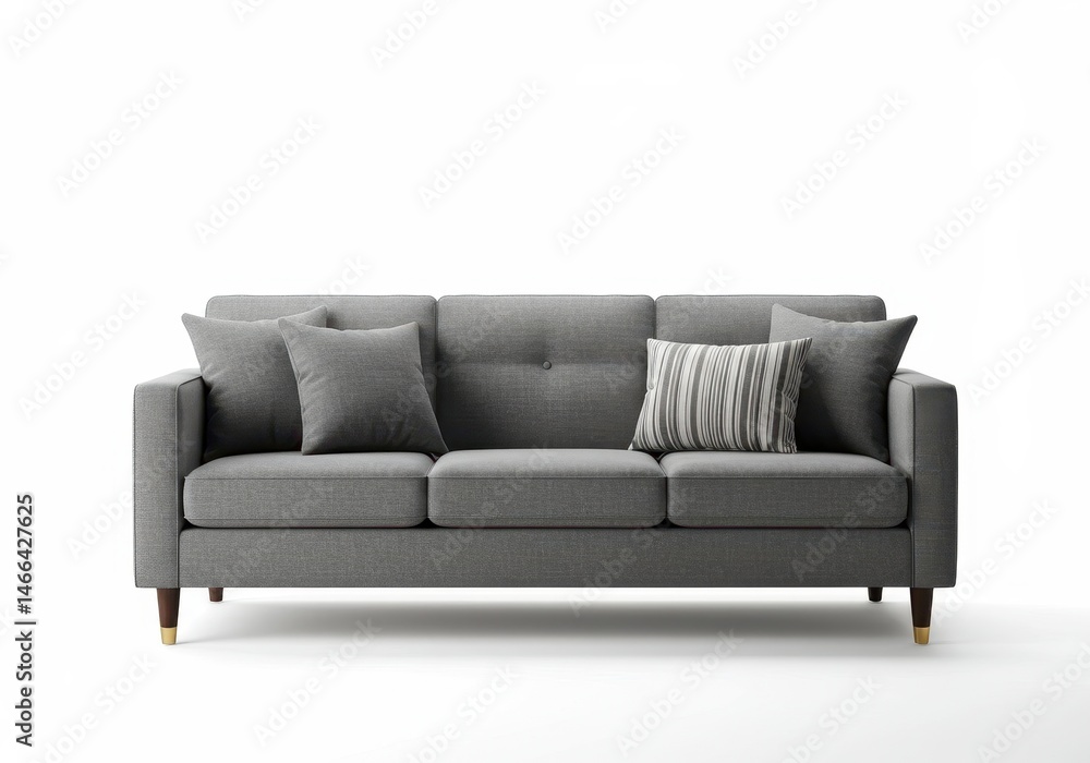 Poster gray sofa with pillows on a white background in a studio setting
