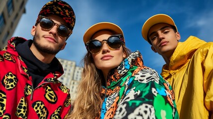 Trendy young adults in colorful streetwear and caps against urban backdrop