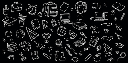 Back to school doodle elements. Vector illustration in line with black background