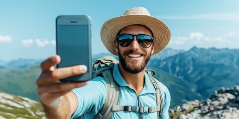 Young caucasian male hiking and taking selfie in mountain scenery