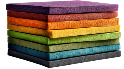 Chromatic Spectrum: A stack of vibrant, colorful soundproof panels, representing a spectrum of hues, designed for acoustic absorption and noise reduction in studio or home.