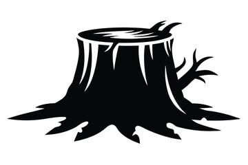 Detailed black tree stump silhouette prominently showcases severed branches and exposed roots with bold lines
