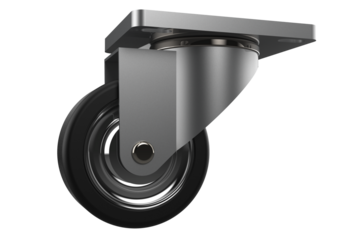 Industrial Swivel Caster Wheel with Top Plate Mounting with Black Rubber Wheel and Steel Bracket Heavy-Duty for Furniture, Equipment, or Trolleys with 360-Degree Rotation on Transparent Background PNG