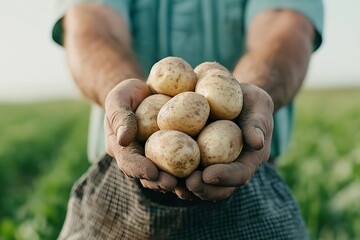 Organic farming: caucasian male farmer holding freshly harvested potatoes in field
