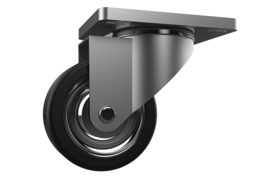 Industrial Swivel Caster Wheel with Top Plate Mounting with Black Rubber Wheel and Steel Bracket Heavy-Duty for Furniture, Equipment, or Trolleys with 360-Degree Rotation on Transparent Background PNG