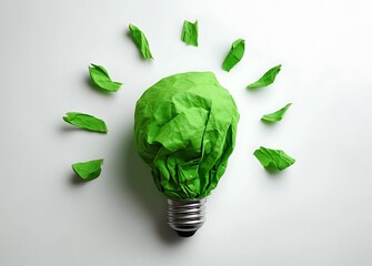 Green crumpled paper lightbulb idea eco friendly sustainable innovation concept