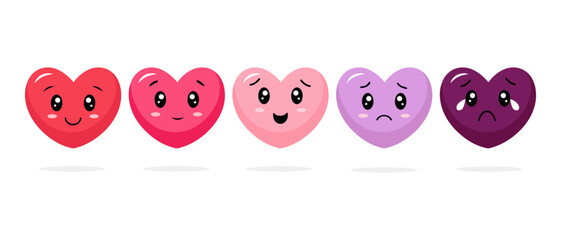 Heart Emoji Faces Vector – Cute Emotional Expressions from Happy to Sad in Pink and Purple