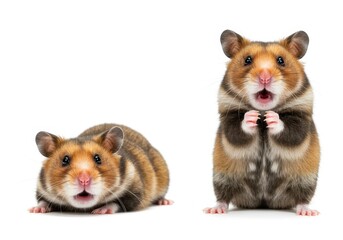 Fototapeta premium Two golden hamsters with surprised expressions isolated on a white background