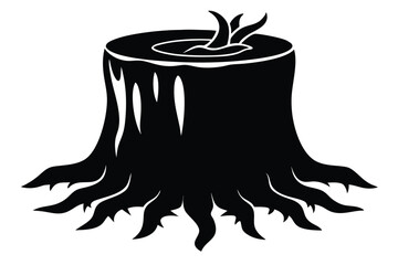 Bold black tree stump displays newly sprouting branches against a plain white backdrop, emphasizing natural growth