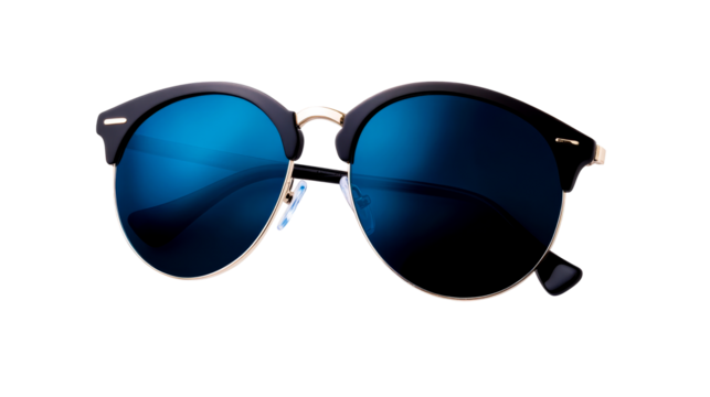 Dark framed sunglasses with blue lenses, cut out transparent