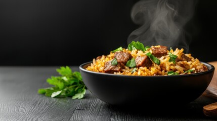 indian biryani with meat and vegetables in a bowl on a black table