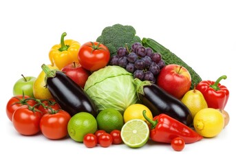Fresh assorted fruits and vegetables piled together on a white background