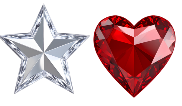 3D icon, crystal clear star and heart-shaped gemstone decoration set against on a transparent background PNG